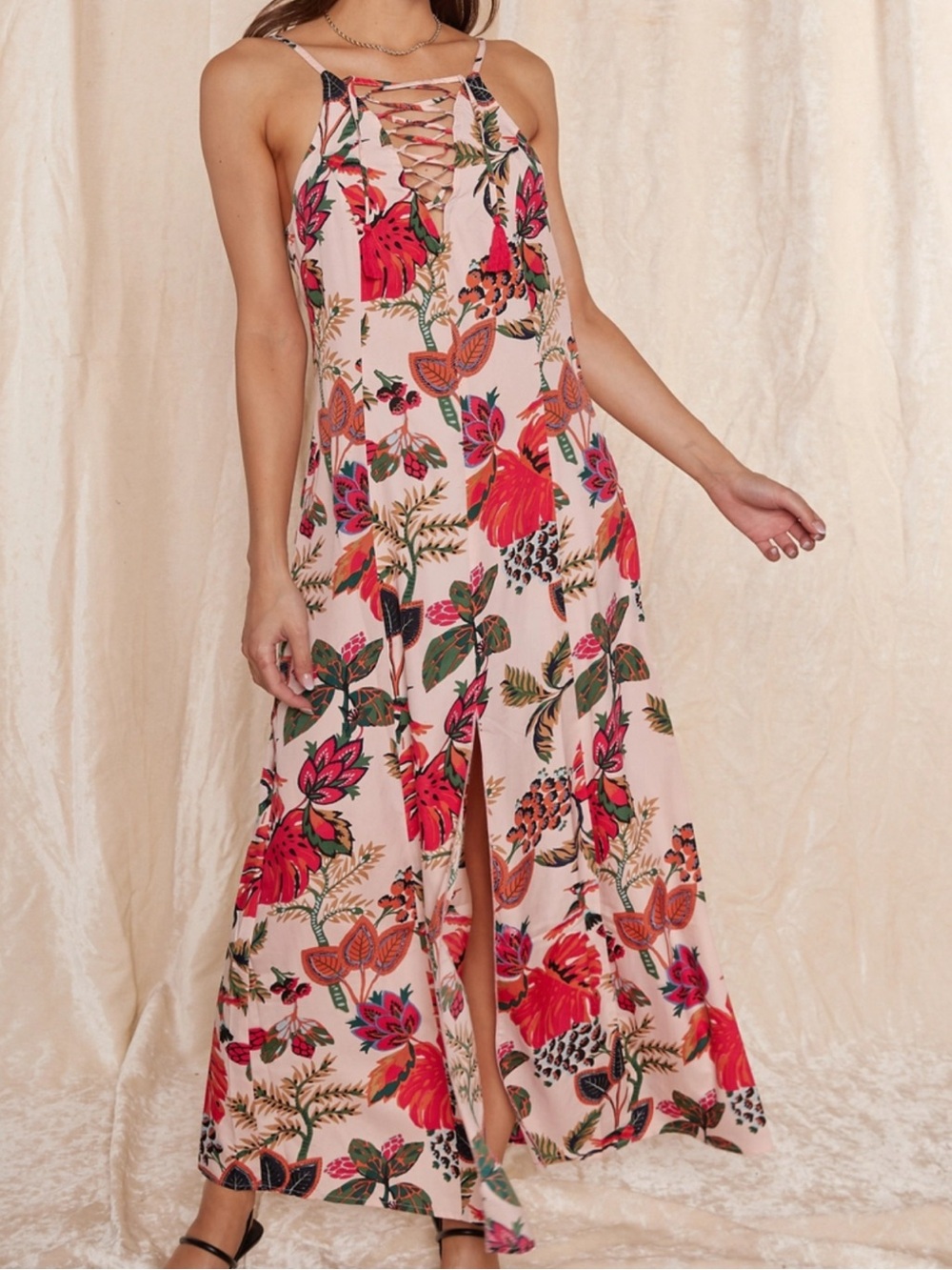 RAGA Anthropologie Large Floral Peach Pink Leaf Botanical Dress